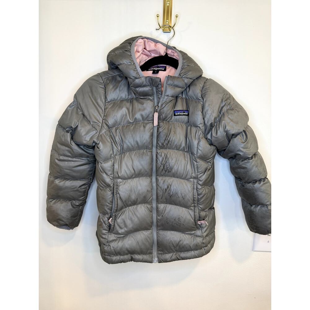 Patagonia Hooded Puffer Jacket Gray Pink Cozy Winter Girls Size S 7-8